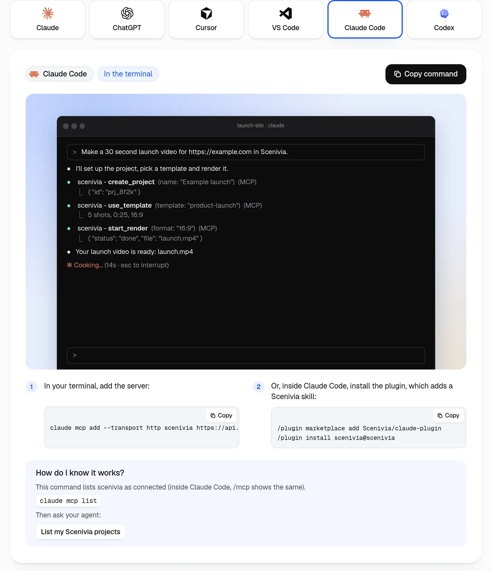 The Claude Code tab: the server in one command, or the plugin in two.