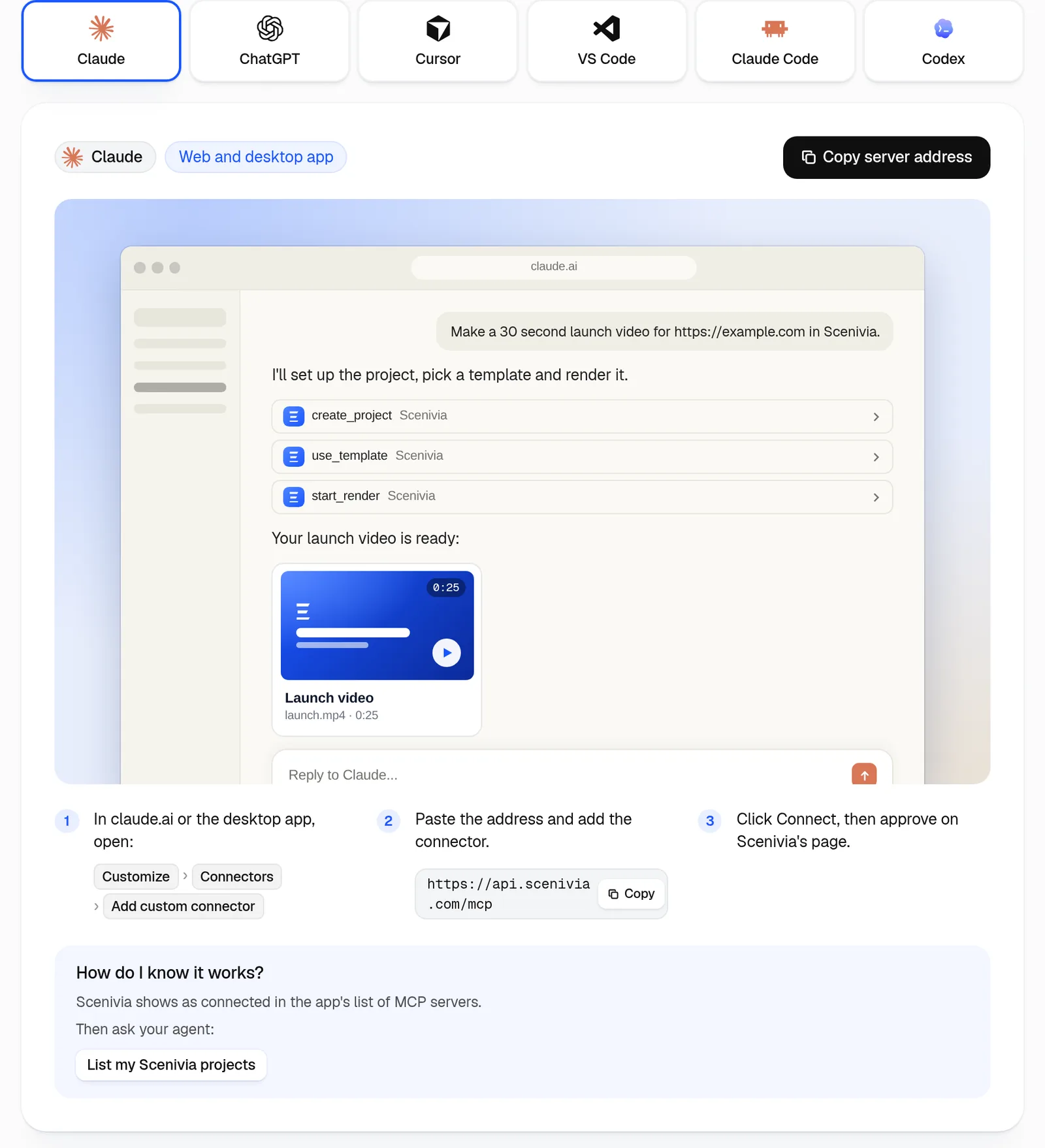 The MCP page: one tab per app, with its steps and the server address to copy.