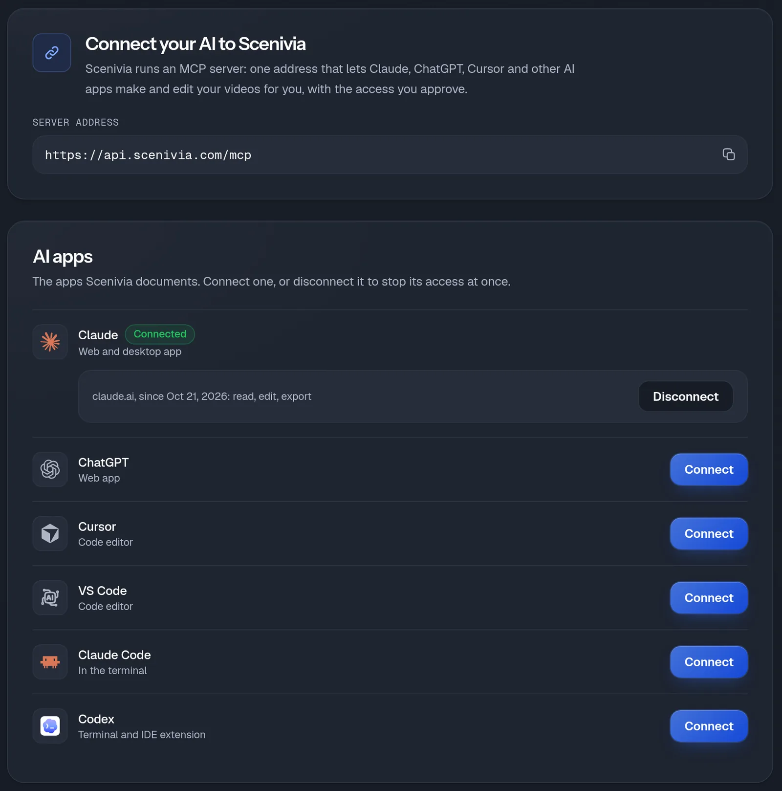 Account, Connections: the server address, and each app with its access and its own Disconnect.